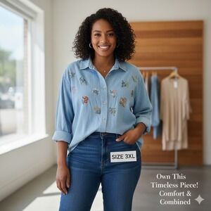 Maggie Max Denim Shirt Womens 3X Embroidered Flowers Months Long Sleeve VTG